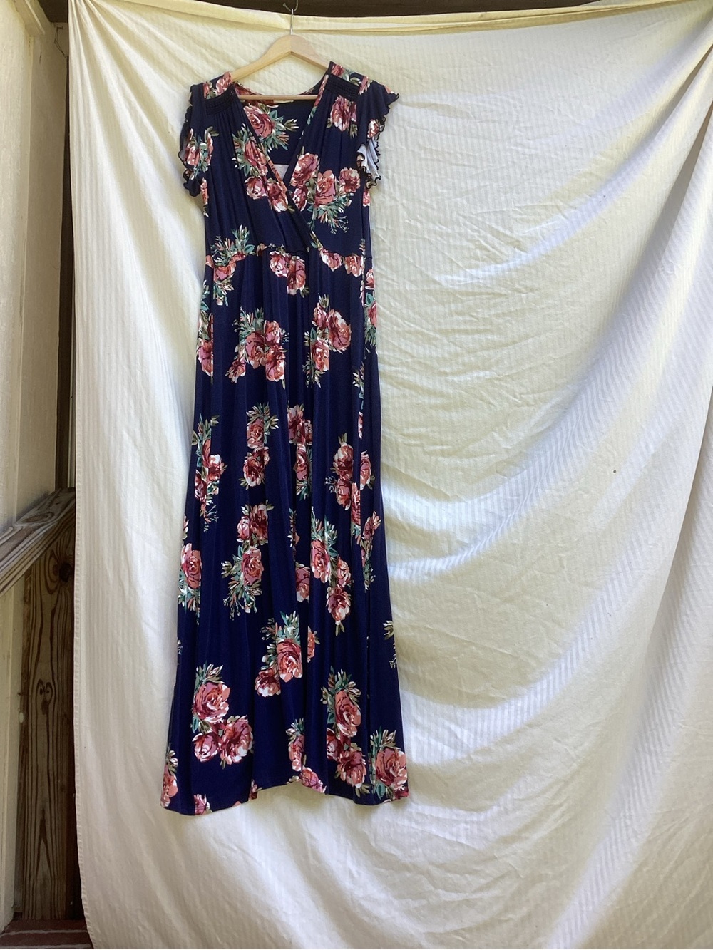 Loveappella Navy Floral Maxi Dress with Pink Rose Print, size XL